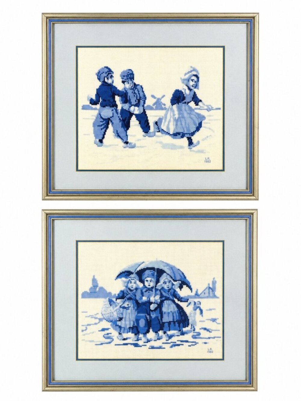 Framed Cross Stitch Pair Delft Blue White Dutch Jean McIntosh Children at Play V